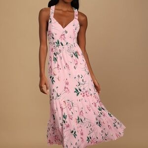 Lulus Tea In The Garden Pink Floral Print Pleated Tie-back Midi Dress - Size M
